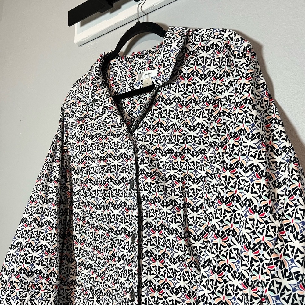 CJ Banks Geometric Dragonfly Patterned Button Front Blouse Top Jacket Size 3X